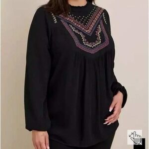 Torrid Boho Crinkle Gauze Embroidered Yoke Long Sleeve Plus Size 2X Blouse Top